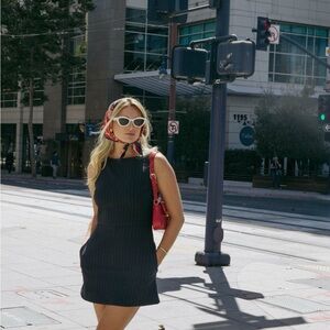 Navy Pinstripe Bond Dress